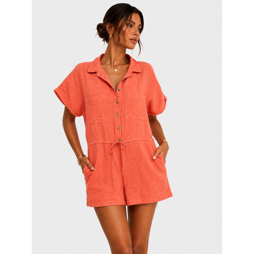 Old Navy Coral Orange Cotton Gauze Button Up Romper Short Sleeve XL NWT New